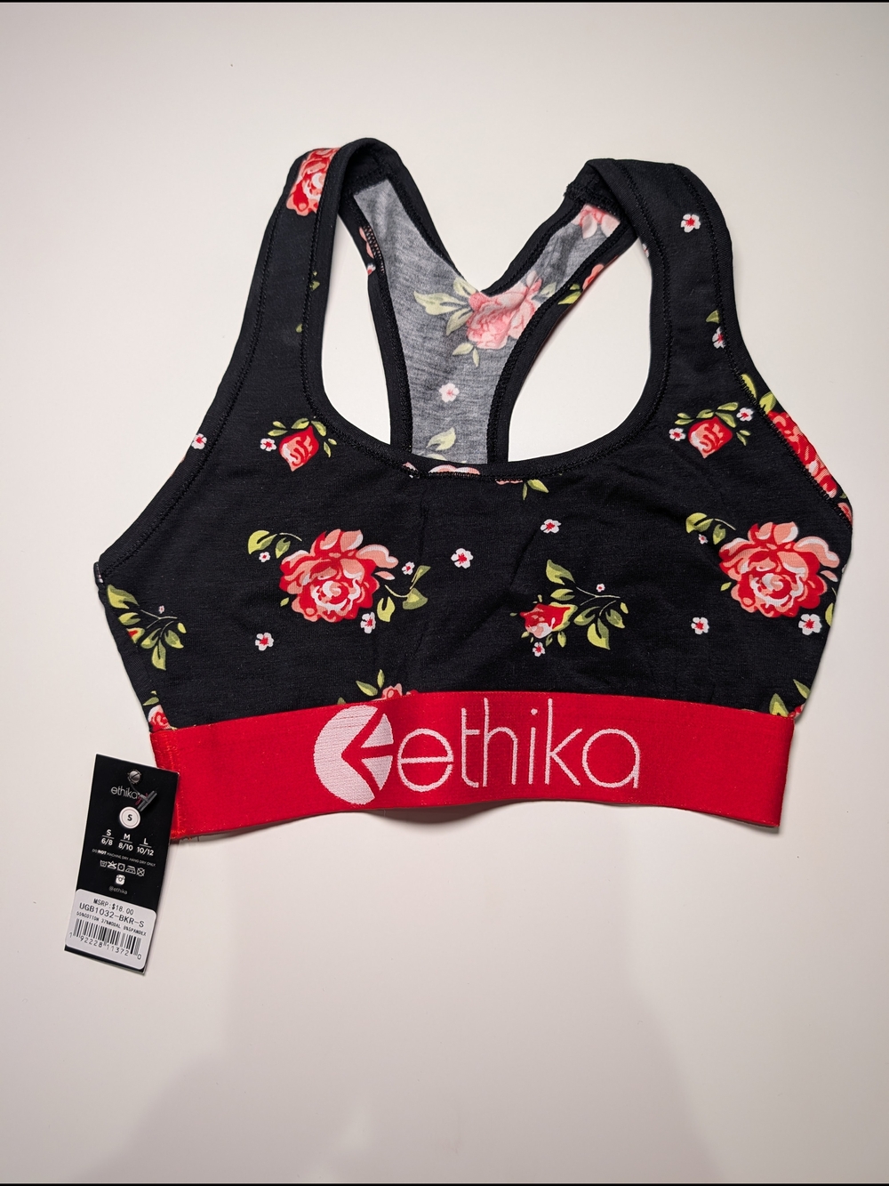ethika Black Floral Racerback Sports Bra with Red Band